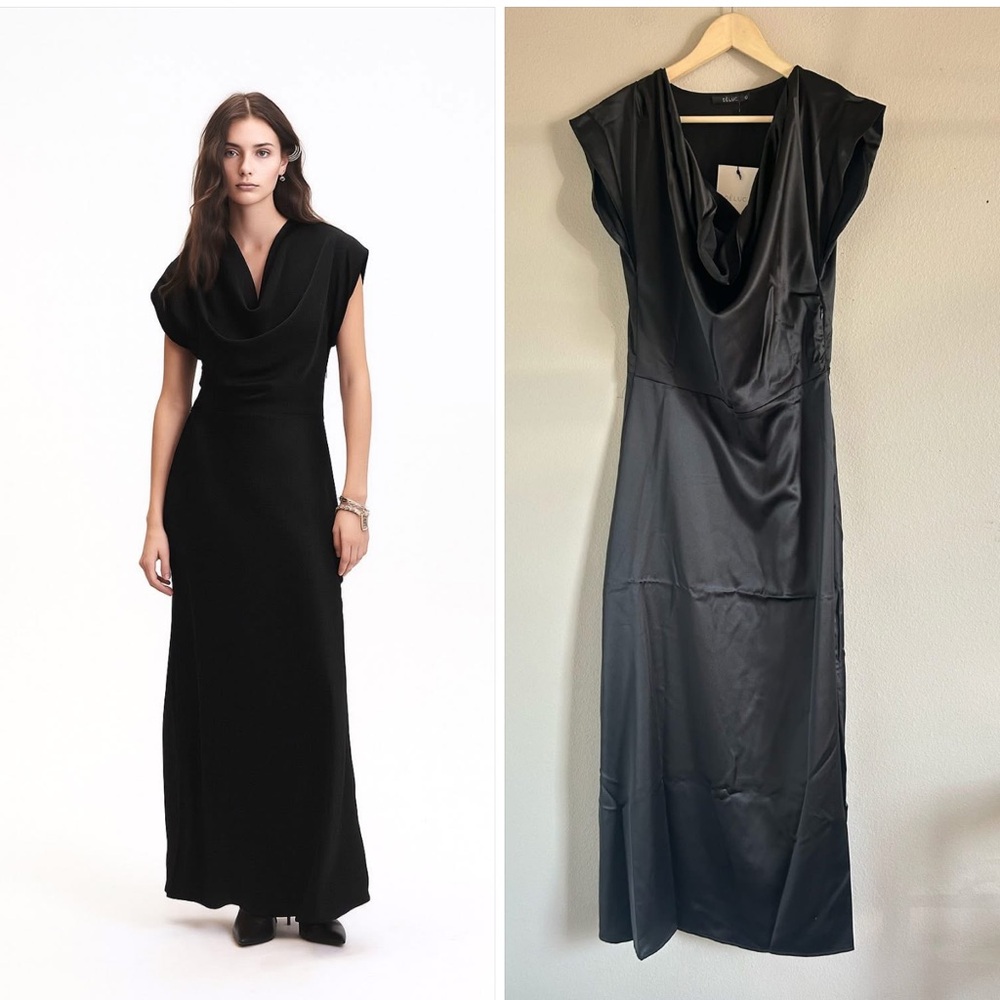 Deluc Dahlia Black Satin Cowl Neck evening Gown Medium‎ A1=3